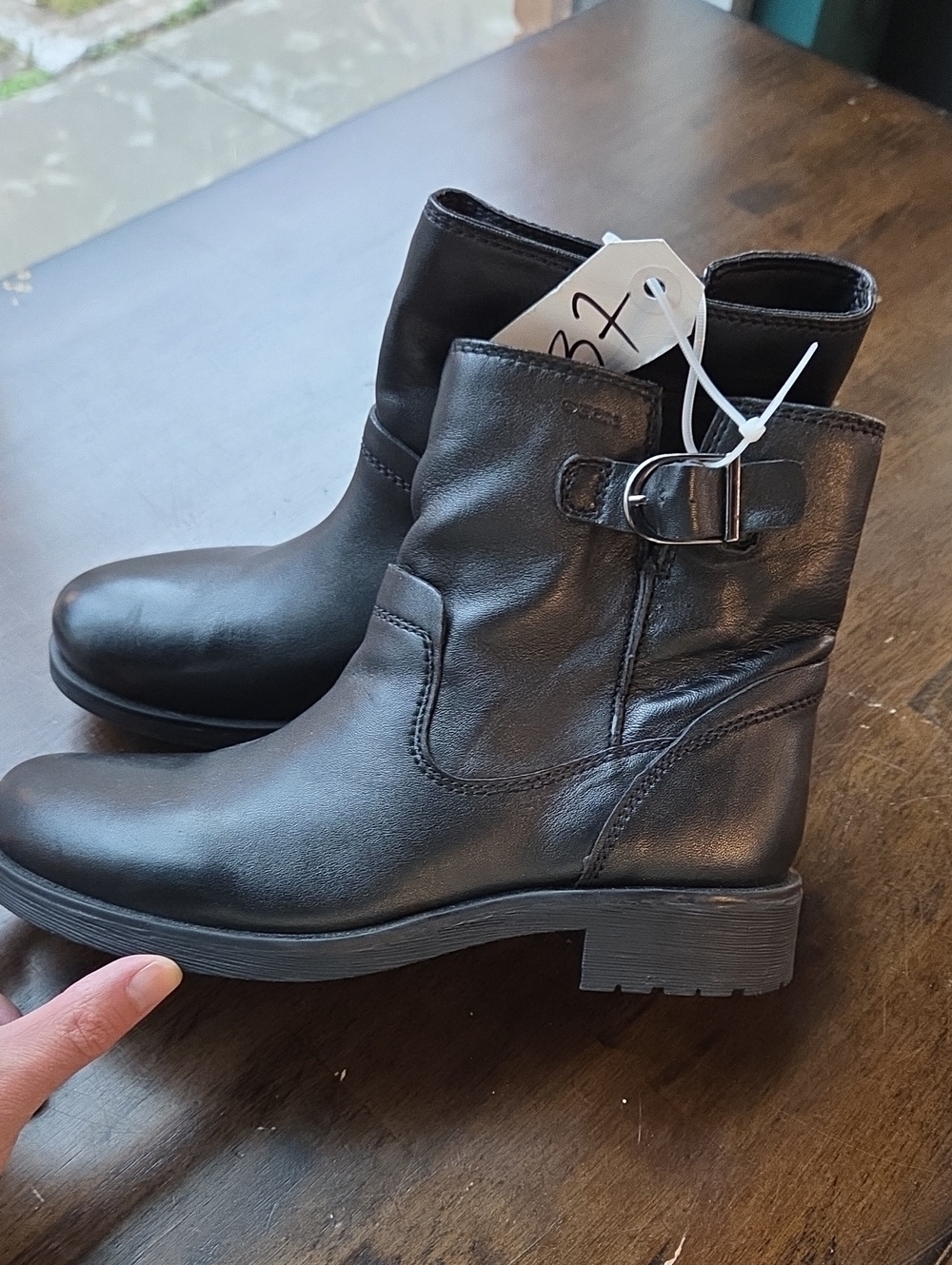 Geox Size 7 Women's Black Leather Ankle Boot with Buckle Strap NEW
